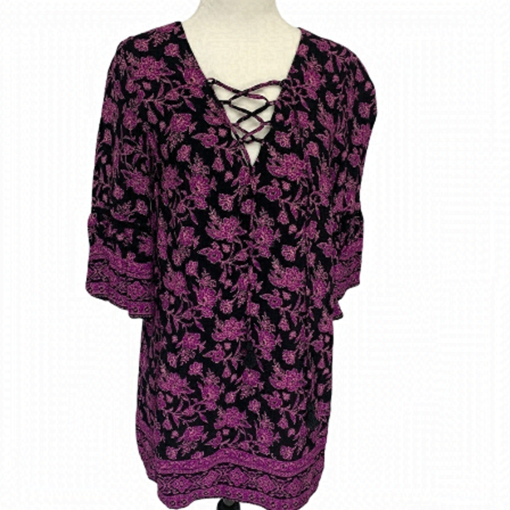 𝅺forever 21 Lined Boho Mini Dress Bell Sleeve Floral Purple Size S